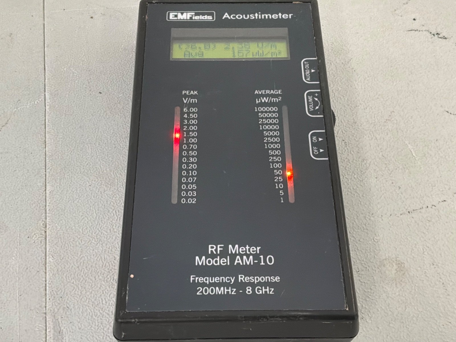 A black RF meter labeled "Model AM-10" with a digital display showing measurements, in good condition.